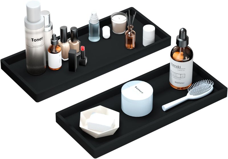 BBK Bathroom Vanity Tray 11.8 in- 2 Pack(Large) Silicone Bathroom Tray for Counter, Perfume Key Trinket Ring Tray, Decor Soap Dispenser Countertop Tray for Kitchen Sink Organization (Black) - Image 1